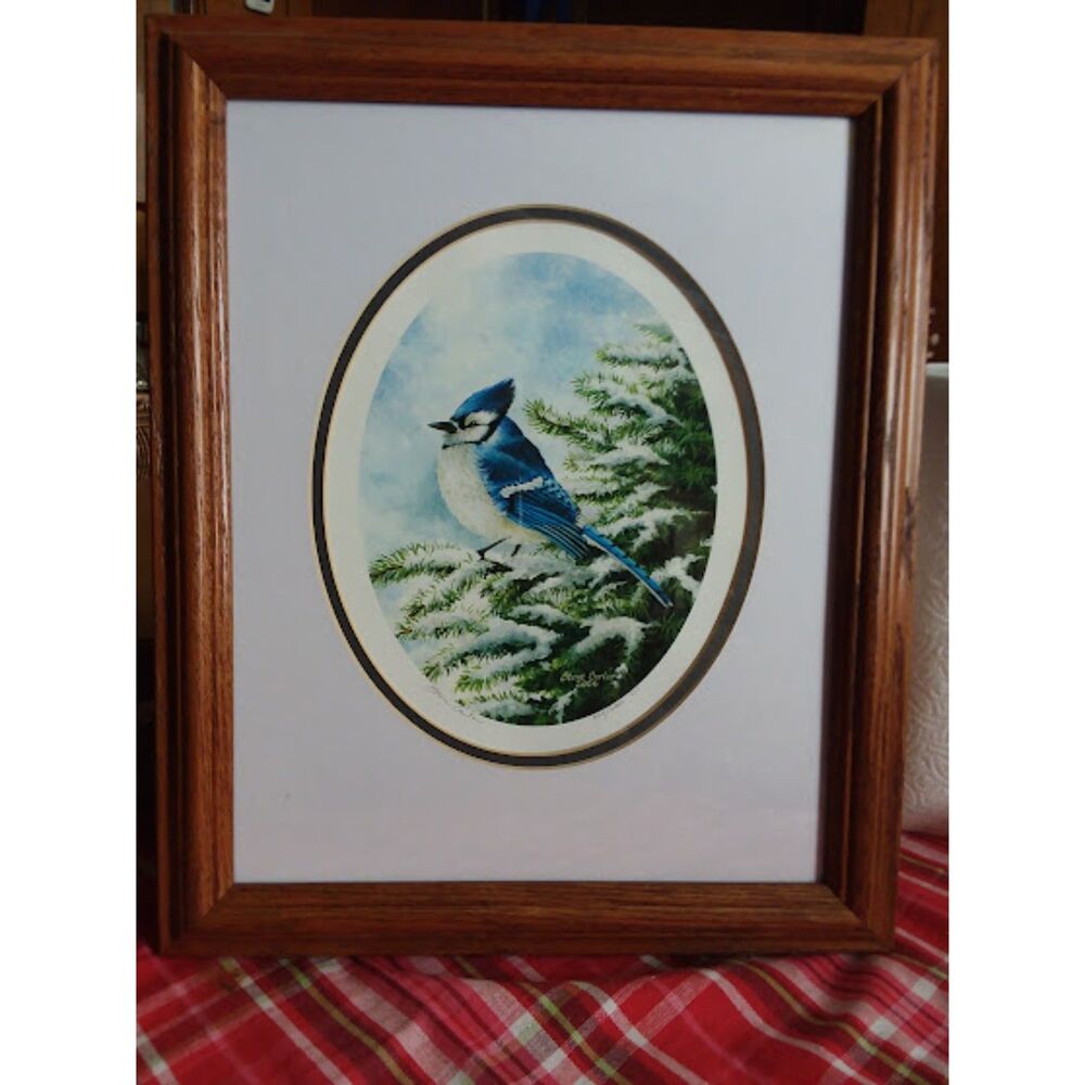 Blue Bird on a Snowy Branch Gallery Framed Signed Oak Frame 824/2550